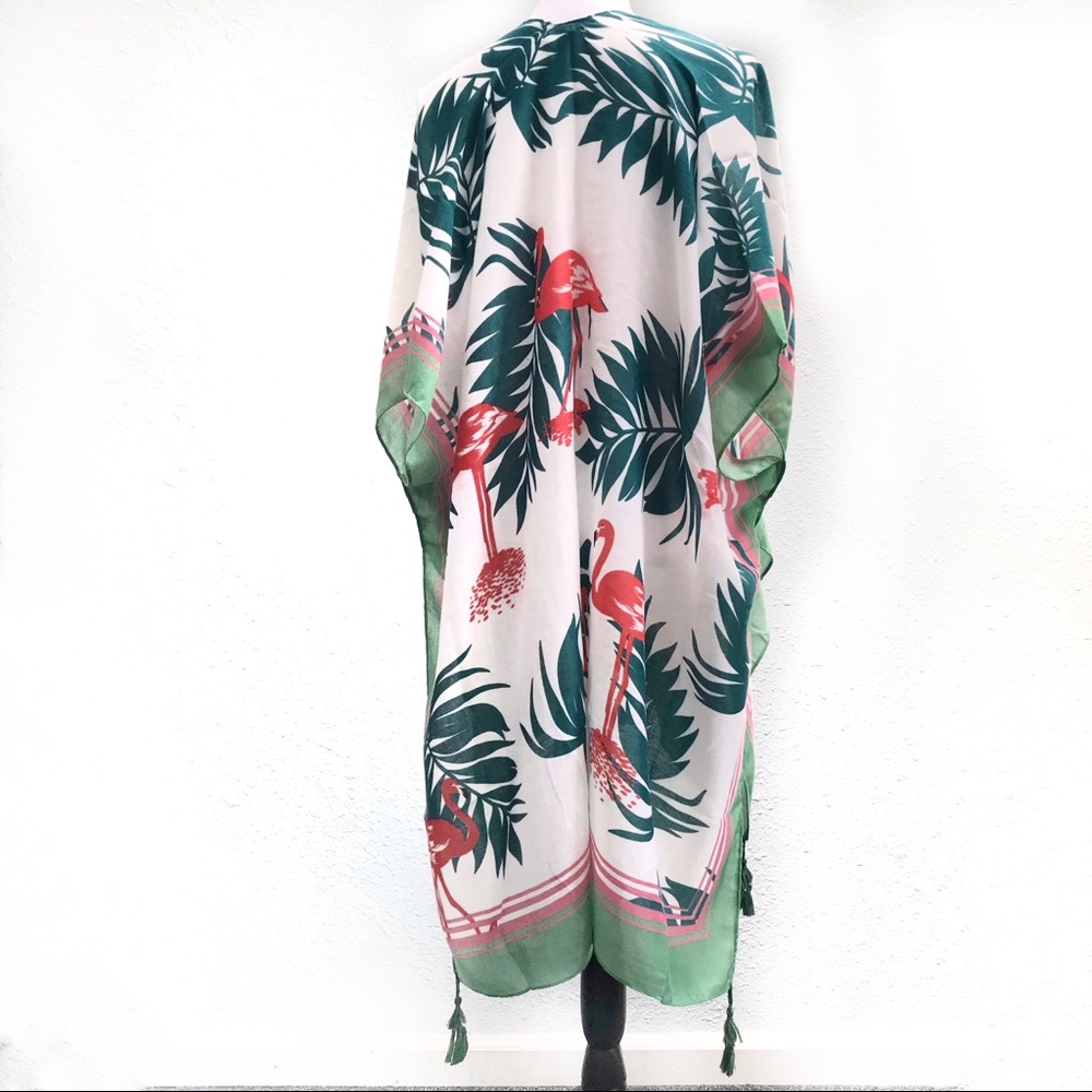 NWT Flamingo & Leaf Print Long Kimono with Tassels - Picture 3 of 5